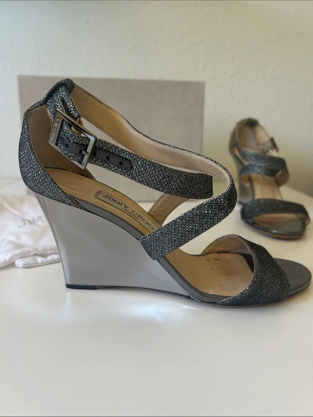 Jimmy Choo Black Glitter Strappy Ankle Sandals